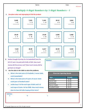 Preview image for worksheet with title Multiply 4-Digit Numbers by 1-Digit Numbers - I
