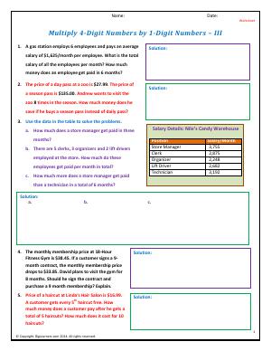 Preview image for worksheet with title Multiply 4-Digit Numbers by 1-Digit Numbers - III