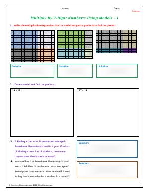 Preview image for worksheet with title Multiply By 2-Digit Numbers: Using Models - I