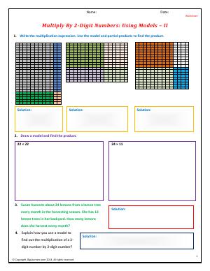 Preview image for worksheet with title Multiply By 2-Digit Numbers: Using Models - II