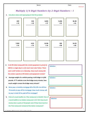 Preview image for worksheet with title Multiply 3/4-Digit by 2-Digit Numbers - I