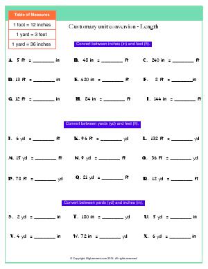 Preview image for worksheet with title Customary unit conversion - Length