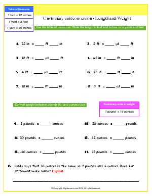 Preview image for worksheet with title Customary unit conversion - Length and Weight