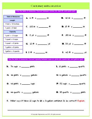 Preview image for worksheet with title Customary unit conversion