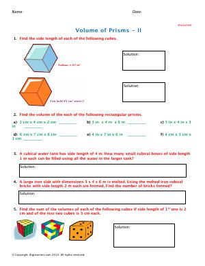 Preview image for worksheet with title Volume of Prisms - II