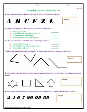 Preview image for worksheet with title Fractions and Probability - II