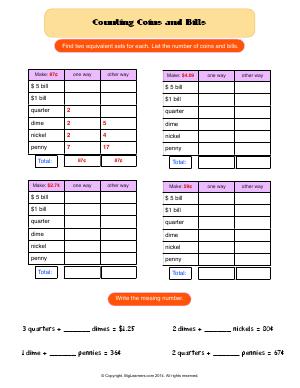 Preview image for worksheet with title Counting Bills and Coins