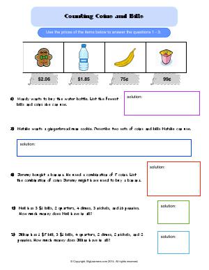 Preview image for worksheet with title Counting Bills and Coins