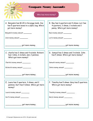 Preview image for worksheet with title Compare Money Amounts