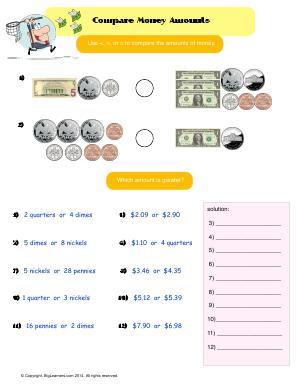 Preview image for worksheet with title Compare Money Amounts
