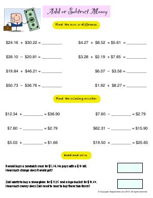 Preview image for worksheet with title Add or Subtract Money