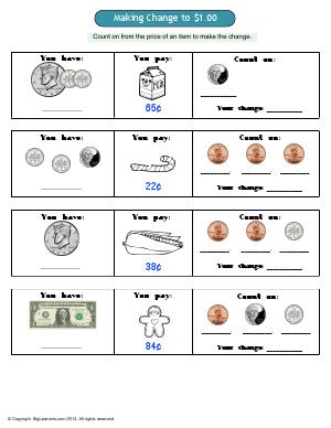 Preview image for worksheet with title Making change to $1.00