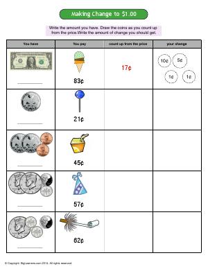 Preview image for worksheet with title Making change to $1.00