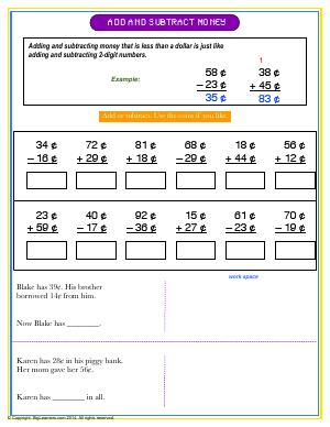 Preview image for worksheet with title Add and Subtract Money