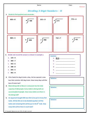Preview image for worksheet with title Dividing 3-Digit Numbers - II