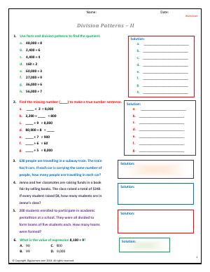 Preview image for worksheet with title Division Patterns - II