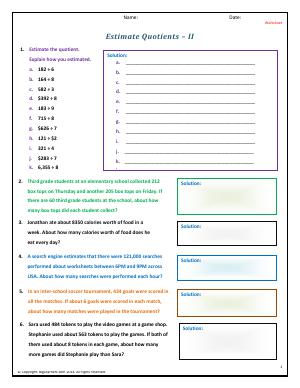 Preview image for worksheet with title Estimate Quotients - II