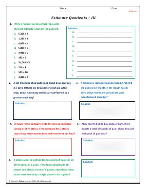 Preview image for worksheet with title Estimate Quotients - III