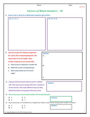 Preview image for worksheet with title Factors of Whole Numbers - III