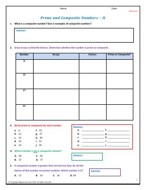 Preview image for worksheet with title Prime and Composite Numbers - II