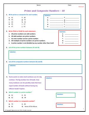 Preview image for worksheet with title Prime and Composite Numbers - III
