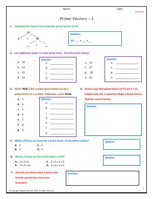 Preview image for worksheet with title Prime Factors - I