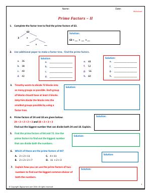 Preview image for worksheet with title Prime Factors - II