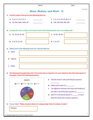 Preview image for worksheet with title Mean, Median, and Mode - II