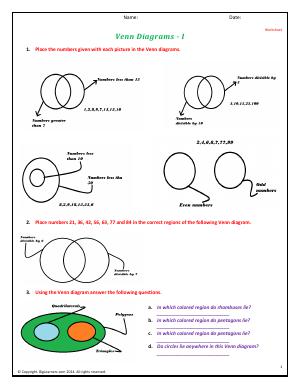 Preview image for worksheet with title Venn Diagrams - I