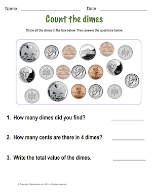 Preview image for worksheet with title Count the Dimes