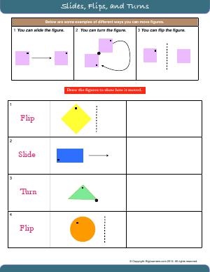 Preview image for worksheet with title Slides, Flips, and Turns