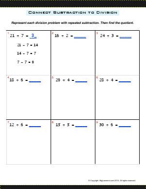Preview image for worksheet with title Connect Subtraction to Division