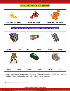 Preview image for worksheet with title Grams and Kilograms