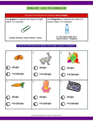 Preview image for worksheet with title Grams and Kilograms