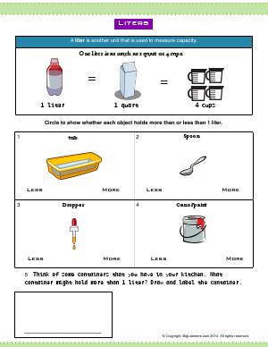 Preview image for worksheet with title Liters