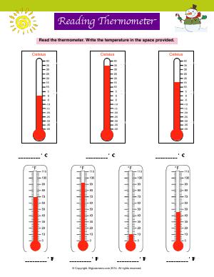 Preview image for worksheet with title Reading Thermometer