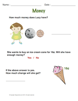 Preview image for worksheet with title Money