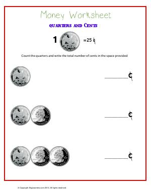 Preview image for worksheet with title Money Worksheet : Quarters and Cents