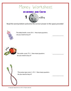 Preview image for worksheet with title Money Worksheet : Quarters and Cents