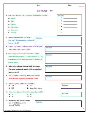 Preview image for worksheet with title Calendar - III