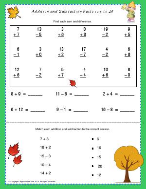 Preview image for worksheet with title Addition and Subtraction Facts - Up to 20