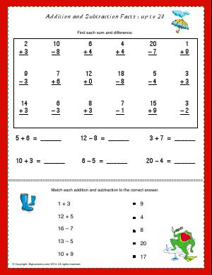 Preview image for worksheet with title Addition and Subtraction Facts - Up to 20