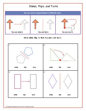 Preview image for worksheet with title Slides, Flips, and Turns