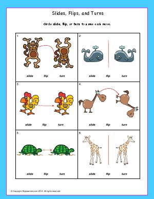 Preview image for worksheet with title Slides, Flips, and Turns