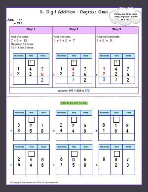 Preview image for worksheet with title 3- Digit Addition : Regroup Ones