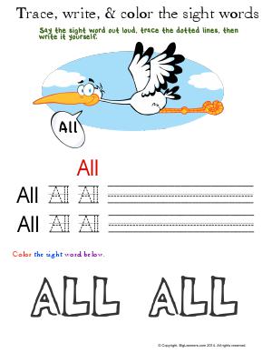 Preview image for worksheet with title Trace, Write, and Color the Sight Words