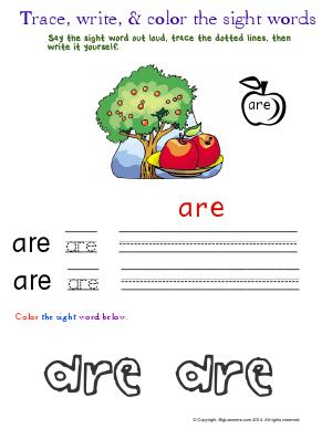 Preview image for worksheet with title Trace, Write, and Color the Sight Words