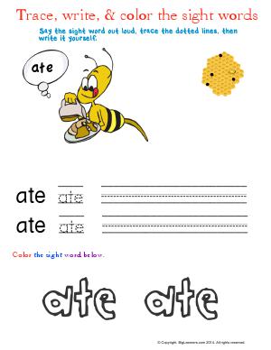 Preview image for worksheet with title Trace, Write, and Color the Sight Words