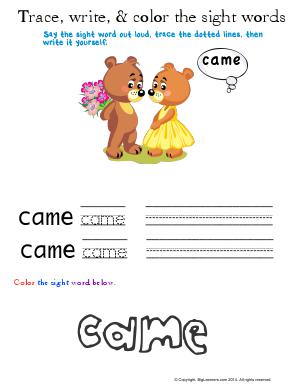 Preview image for worksheet with title Trace, Write, and Color the Sight Words