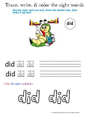 Preview image for worksheet with title Trace, Write, and Color the Sight Words